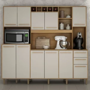 Armário de Cozinha Madeira Compacto 11 Portas 2 Gavetas Valdemóveis Petra Cinamomo e Off White