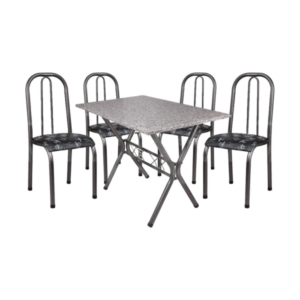 Conjunto Mesa Quality Roma Granito 120x75cm com 4 Cadeiras Preto Craqueado Assento Floral Preto